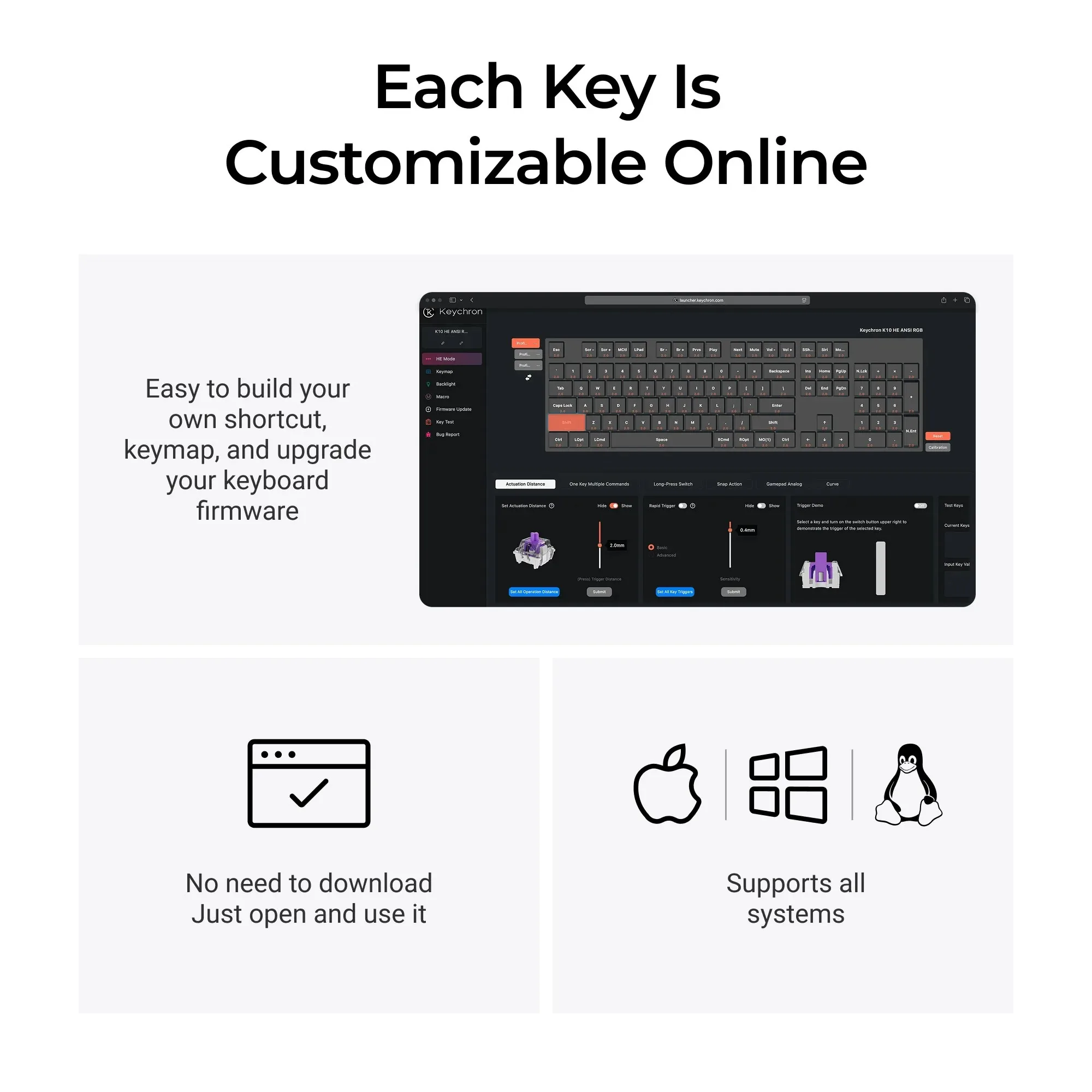 Keychron K10 HE Clavier De Jeu Sans Fil à Déclenchement Rapide, Interrupteur Magnétique à Effet Hall Remplaçable à Chaud, 2,4 GHz/Bluetooth/filaire à Actionnement Réglable, RVB Personnalisé Pleine
