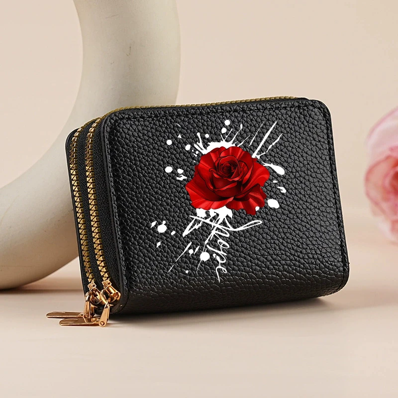 Flower Cat Damen-Geldbörse mit doppeltem Reißverschluss, Lychee-Muster, modischer, kurzer Kreditkartenhalter mit großem Fassungsvermögen und Münzfach – Detail 9