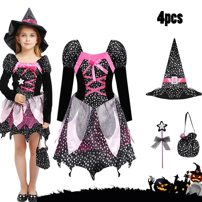 thumbnail image 1 of 2024 Disfraces de cosplay de bruja para niños Disfraz de rol de Halloween Ropa de fiesta temática Ropa de actuación Vestido + Trajes de sombrero, 1 of 5