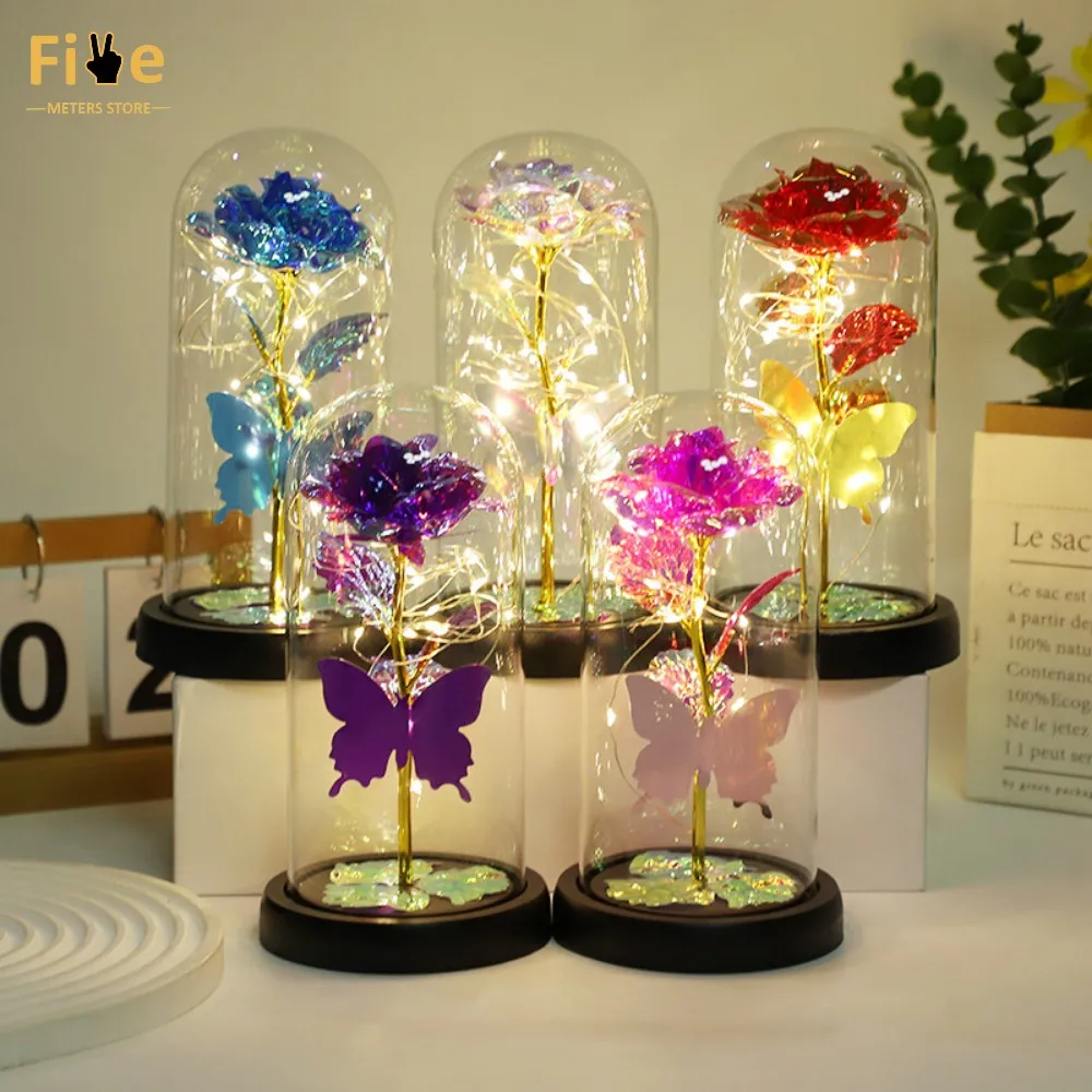 

Fantasy Butterfly Rose Gift Box Led Enchanted Galaxy Rose Eternal Rose Foil Flower With Fairy Lights In Dome Valentines Day Gift