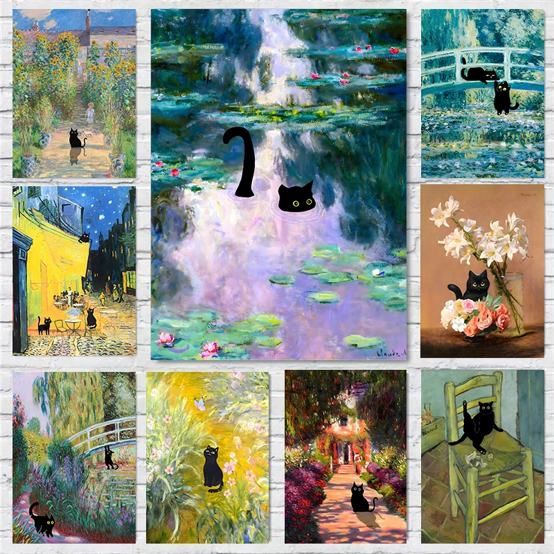Cute Black Cat Girasoli Green Pond Water Lily Poster Print Wall Art Pictures Canvas Painting Soggiorno Camera Da Letto Home Decor