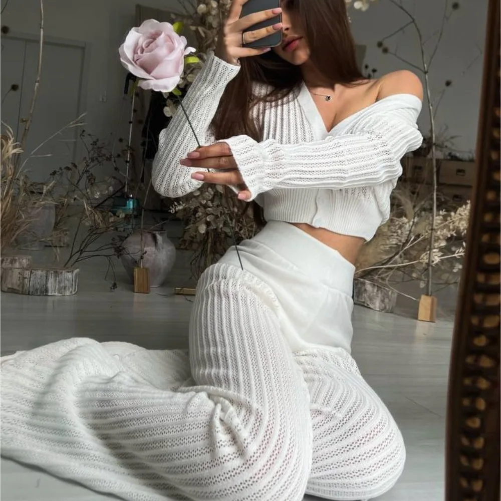 Crochet Mesh Knitted 2 Piece Pants Sets 2023 Winter Fall Fashion Women Vacation Elegant Crochet Outfits Knit Two Piece Pant Set mahagrid basic logo mesh knit greymg2dsmk600a