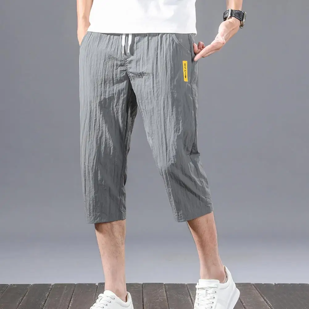 

Great Men Trousers Straight Deep Crotch Stretchy Waist Men Trousers Solid Color Slim Fit Summer Sweatpants Garment