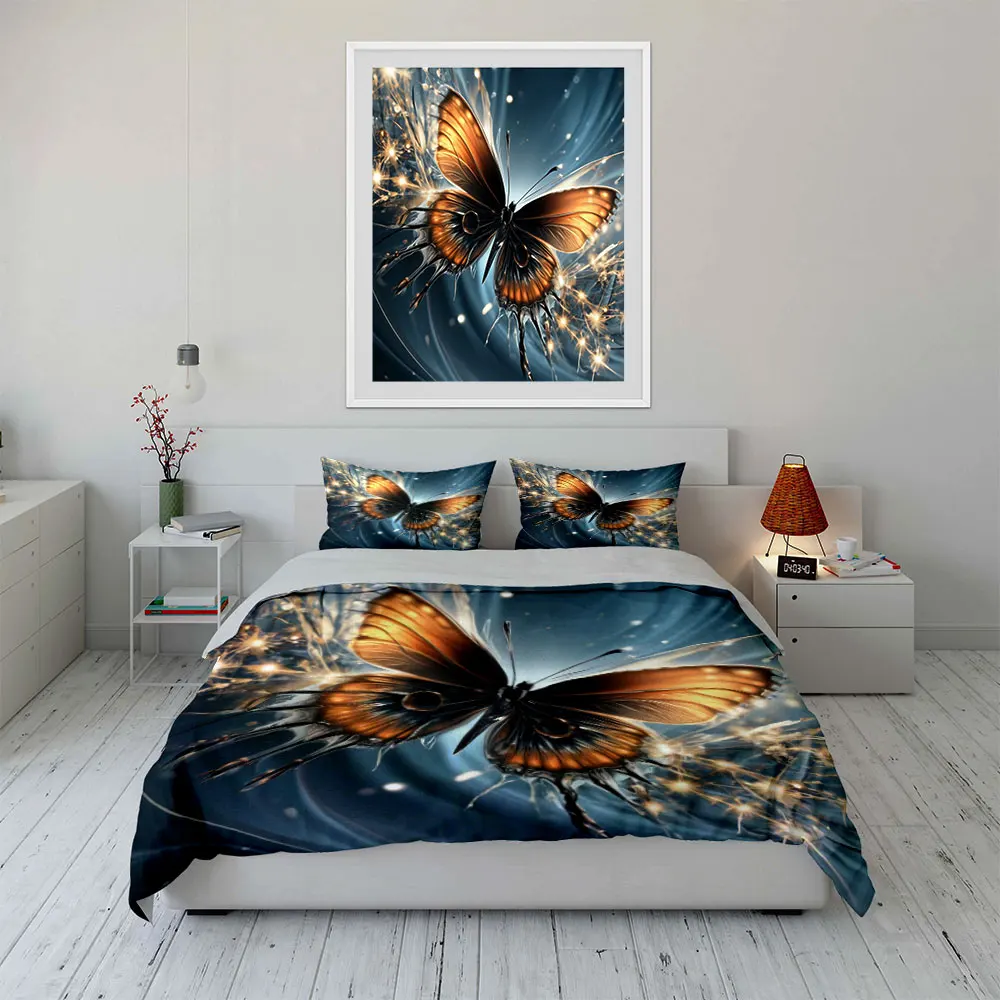 Luxury Metallic Golden Butterfly Bedding Set,Glowing Blue Light Fantasy Butterfly Print Duvet Cover,1 Duvet Cover+2 Pillowcases 6