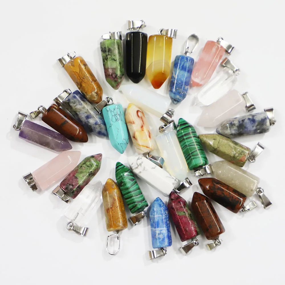 Fashion Natural Stone Necklace Hexagonal Pillar Pendant Lapis Opal Crystal Quartz Pendulum Reiki Charms DIY Jewelry Making 30Pcs