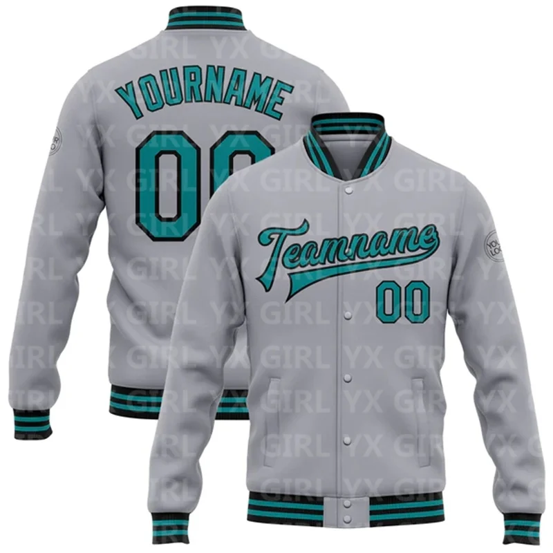 Custom Gray Teal-Black Bomber Full-Snap Varsity Letterman Jacket 3D Printed Baseball Button Jacket