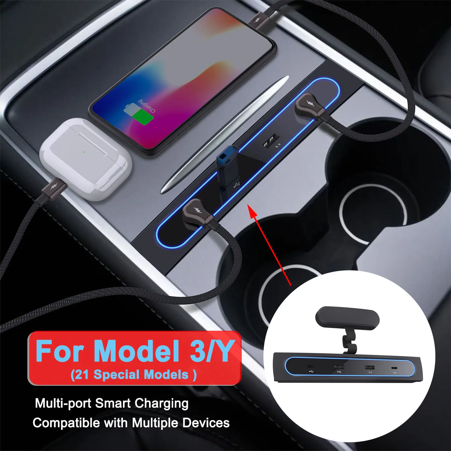 

27W Quick Charger For Tesla Model 3 Y 2021 2022 USB Shunt Hub Intelligent Docking Station Car Adapter Powered Splitter Extension