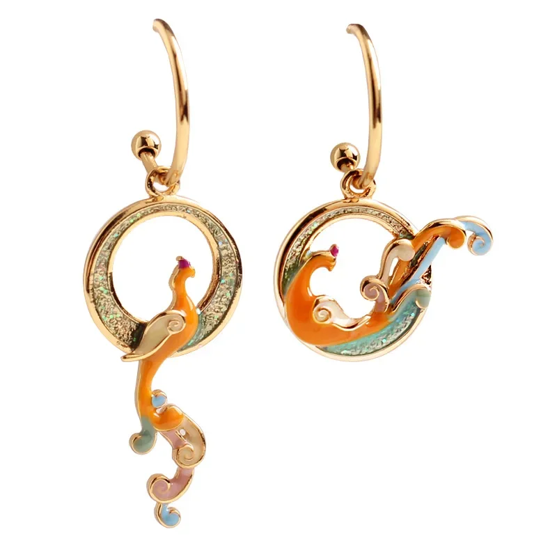 Chinese Style Vintage Enamel Copper Alloy Gild Asymmetric Phoenix Earrings for Women Jewelry Hanfu Party Girlfriend Gift