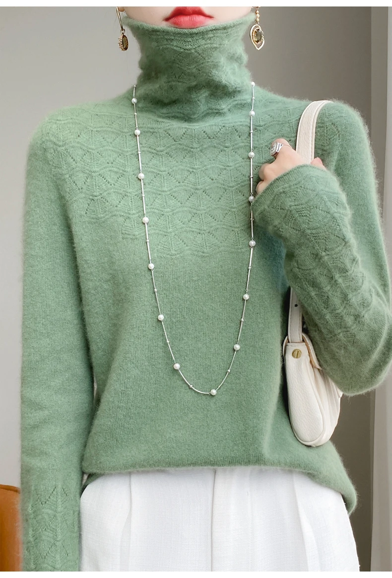 Women’s pure wool seamless collar pullover sweater in classic knit design green