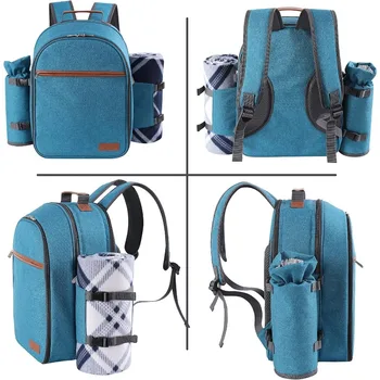 Picnic Backpack Set for 2 Person with Cooler Compartment, Detachable Bottle/Wine Holder, Fleece Blanket, Plates and Cutlery Set 4