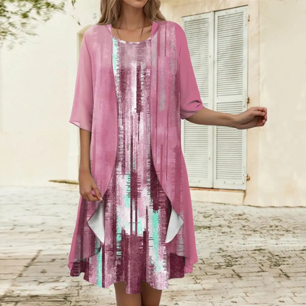 

2 Pieces/set Women's Coat Dress Suit Printed Loose Half Sleeve Coat Chiffon Irregular Hem Sleeveless Dress Cardigan Suit