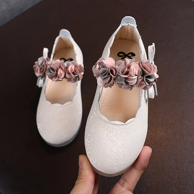 Children's Flower Leather Shoes Korean Style Girls Crystal Cute Sweet Fashion Princess Shoes for Party Wedding Bow Dance Shoes