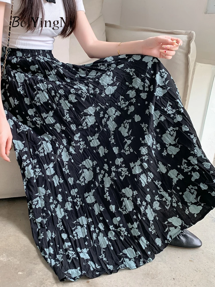 Beiyingni 2024 Summer Korean Long Maxi Skirt Women Floral Printed