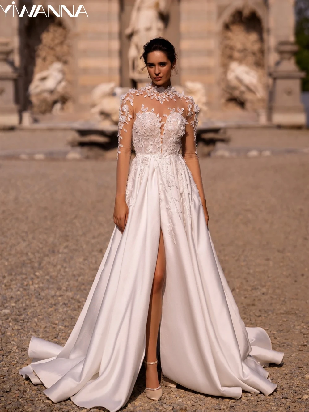 

Modest High Collar Wedding Dress Sparkly Beads Appliques Bride Robe Elegant A-line Satin Long Bridal Gown Robe De Mariée