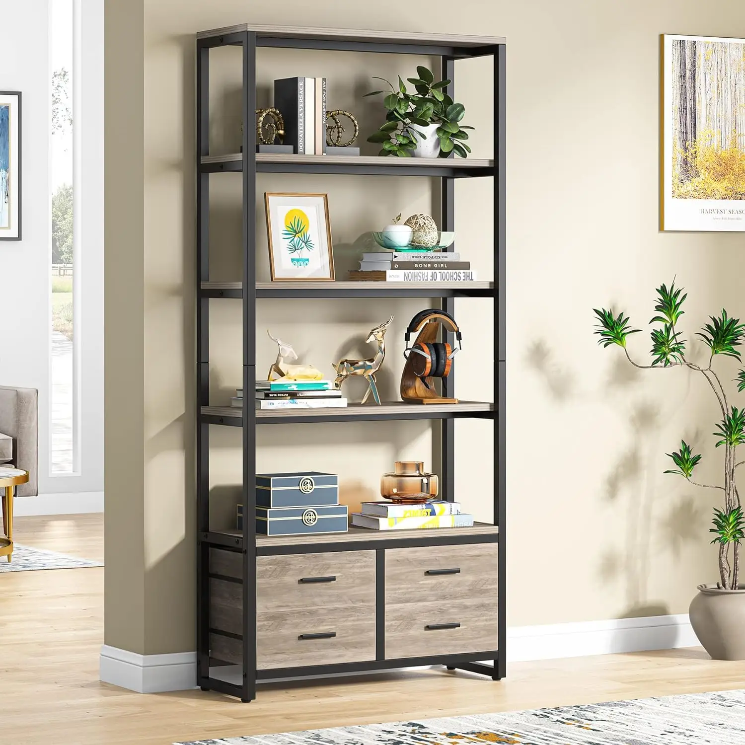 

70.9" Tall Bookshelf, Etagere Bookcase with 4 Drawers, Modern 5-Tier Open Display Storage Shelf for Living Room, Home Office