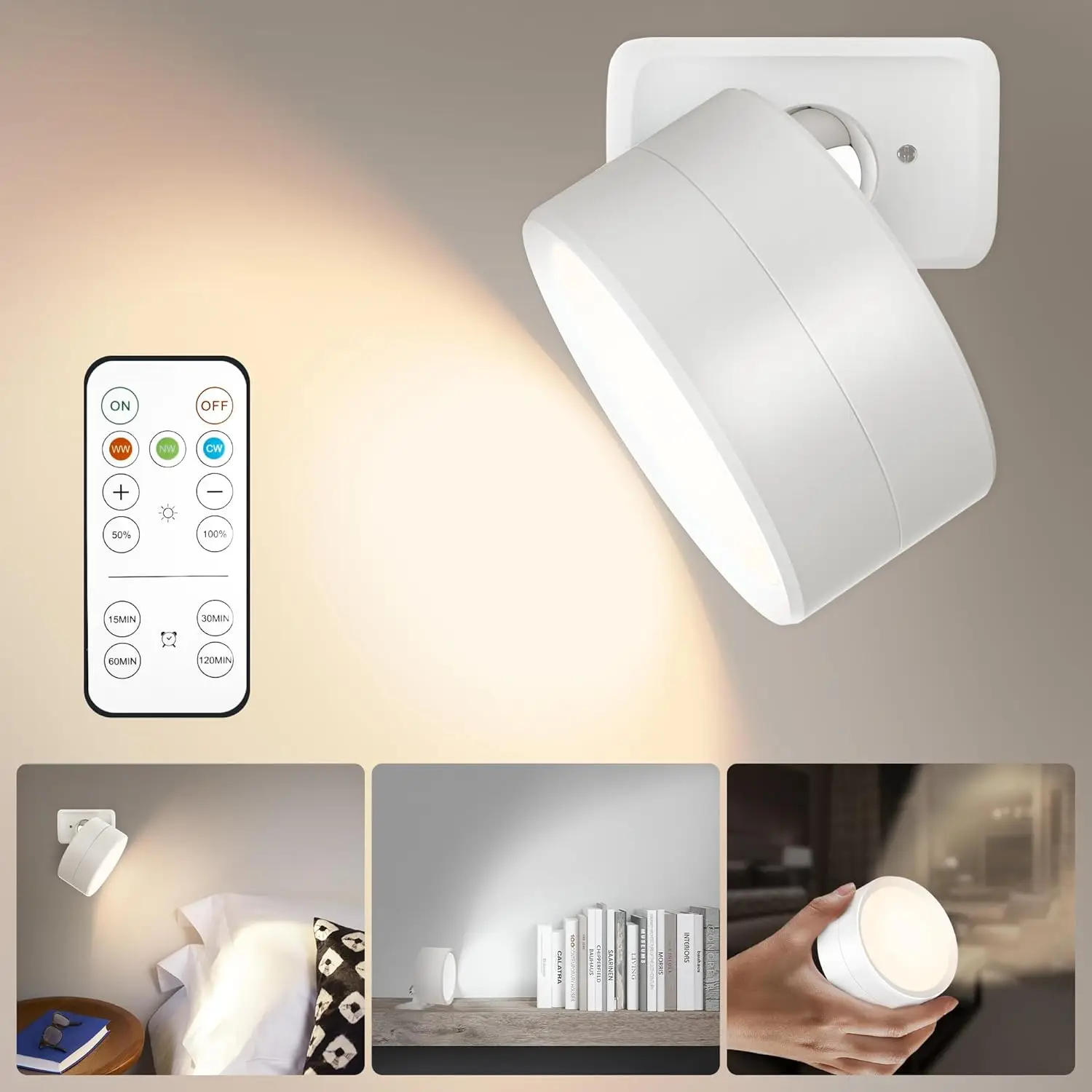 LED 벽 조명 터치 램프, USB 충전식 조도 조절 가능, 3 단계 밝기, 마그네틱 벽 장착, 360 ° 회전 침대 옆 장식 고정장치