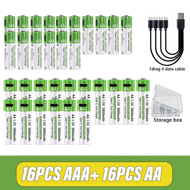 AA/AAA Rechargeable Battery 3000mAh/3800mAh Lithium Battery 1.5V Constant Voltage Fast Charging Type-C For Remote Mouse Toy Ect 10