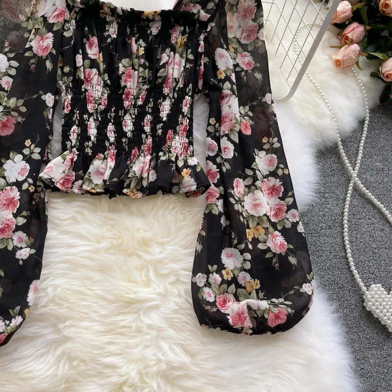 Pink Floral Printing Chiffon Square Collar Lantern Sleeve Women's Blouse Shirt Korean Fashion Female Clothing Tops 2024 Summer