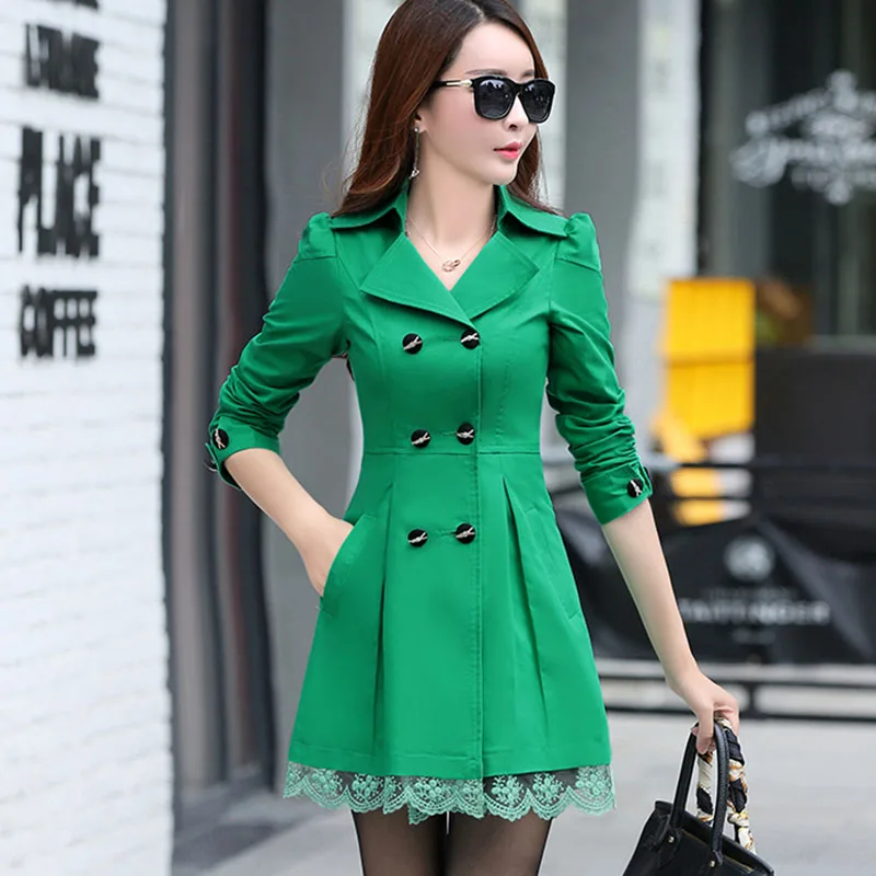 

New Spring Autumn Korean Long Windbreaker Jacket Female Casual Trench Coat Double Breasted Lace Office Womens Clothing Outerwear