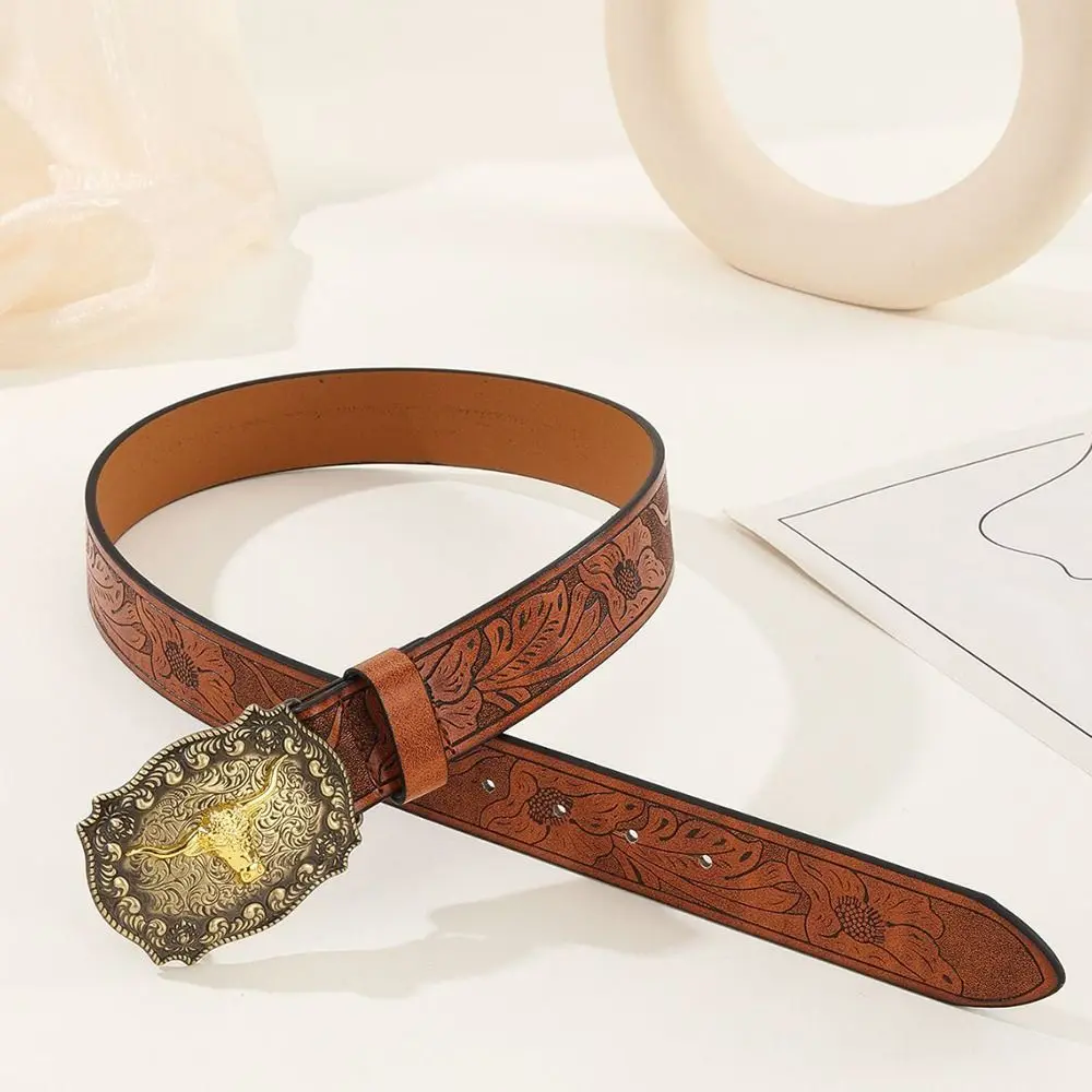 Western Cowboy Floral Gravierter PU-Ledergürtel mit Bull-Dekoration für Herren T Western Cowboy Floral Gravierter PU-Ledergürtel mit Bull-Dekoration für Herren T
