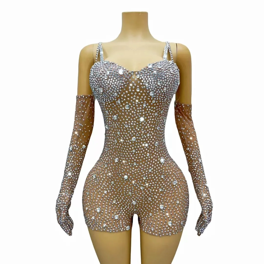 

Luxurious Rhinestones Leotard Gloves WomenParty Birthday Nightclub Bodysuit Sexy MeshPerformance Dance Costume Stage Wear C321