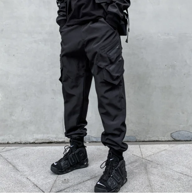 Autumn and winter men's pure black multi-pocket cargo pants trend loose bunched feet casual pants  size 3XL 2