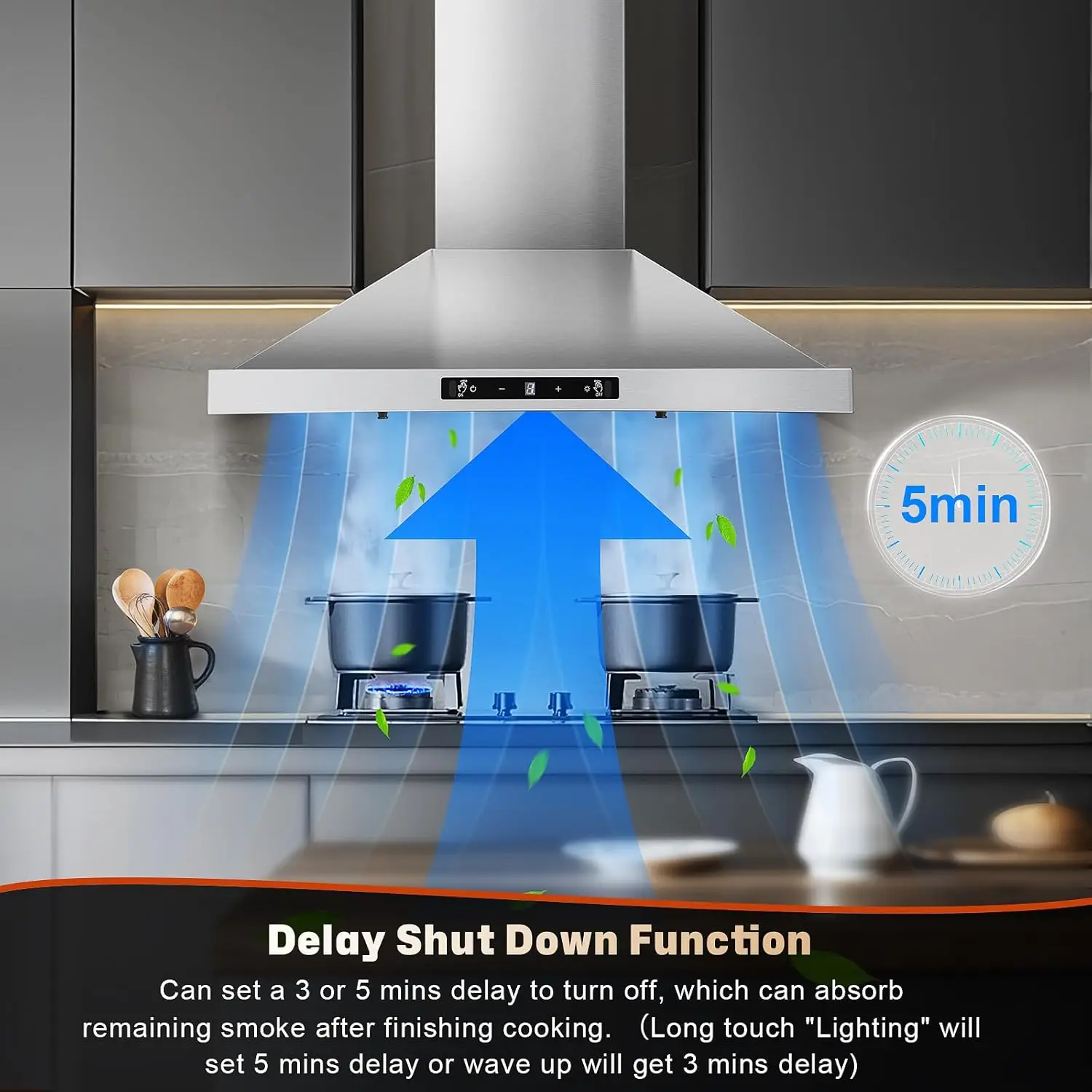 24/30 Inch Wall Mount 450CFM Stainless Kitchen Vent Gesture Sensing & Touch Control 3 Speed Range Hood 3