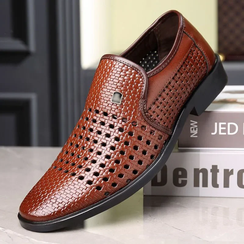 Leather Shoes Men's Leather Sandals Casual Soft Sole Breathable Business Low Heel Hollow Out Dress