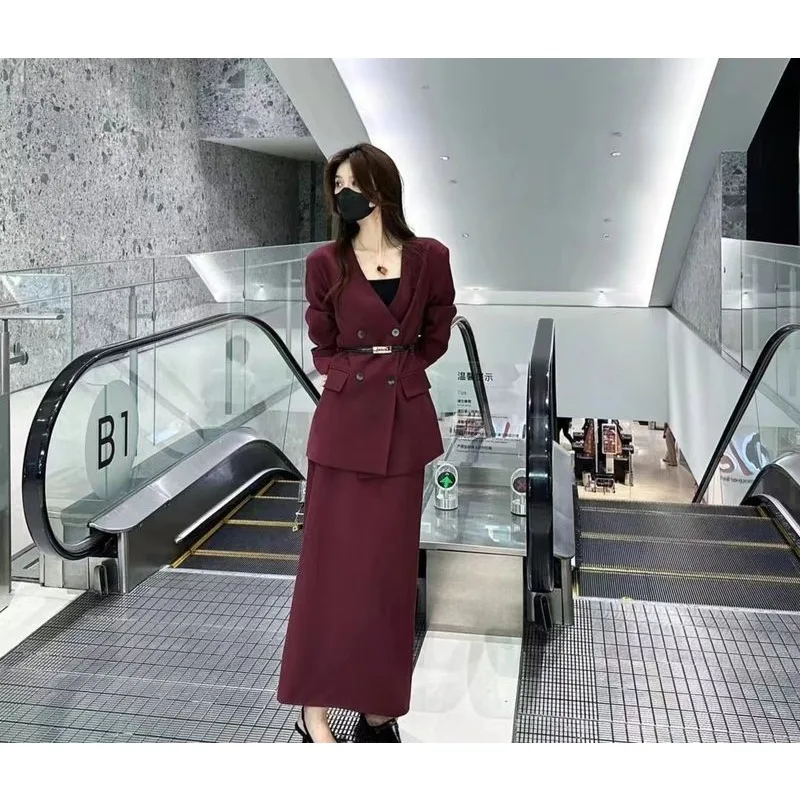 

UNXX Elegant Women Formal Skirt Suit Female Green Purple Long Sleeve Two Piece Set for Office Ladies Spring Autumn Work Wear
