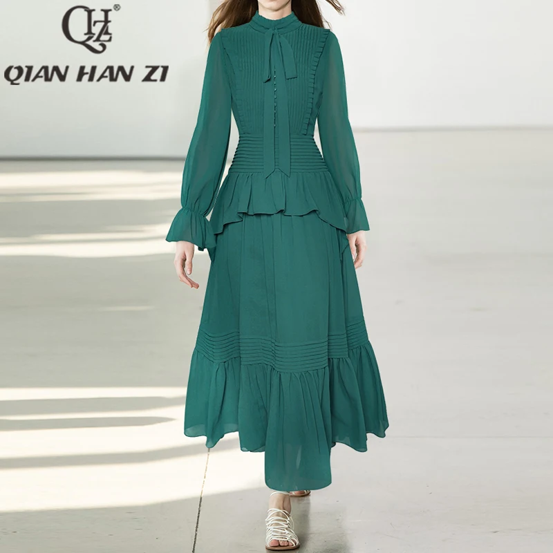 

QHZ Designer Fashion Ruffle Edge Elegant Long Dress for Women Bow long sleeves Button vacation Green slim Vintage long dress