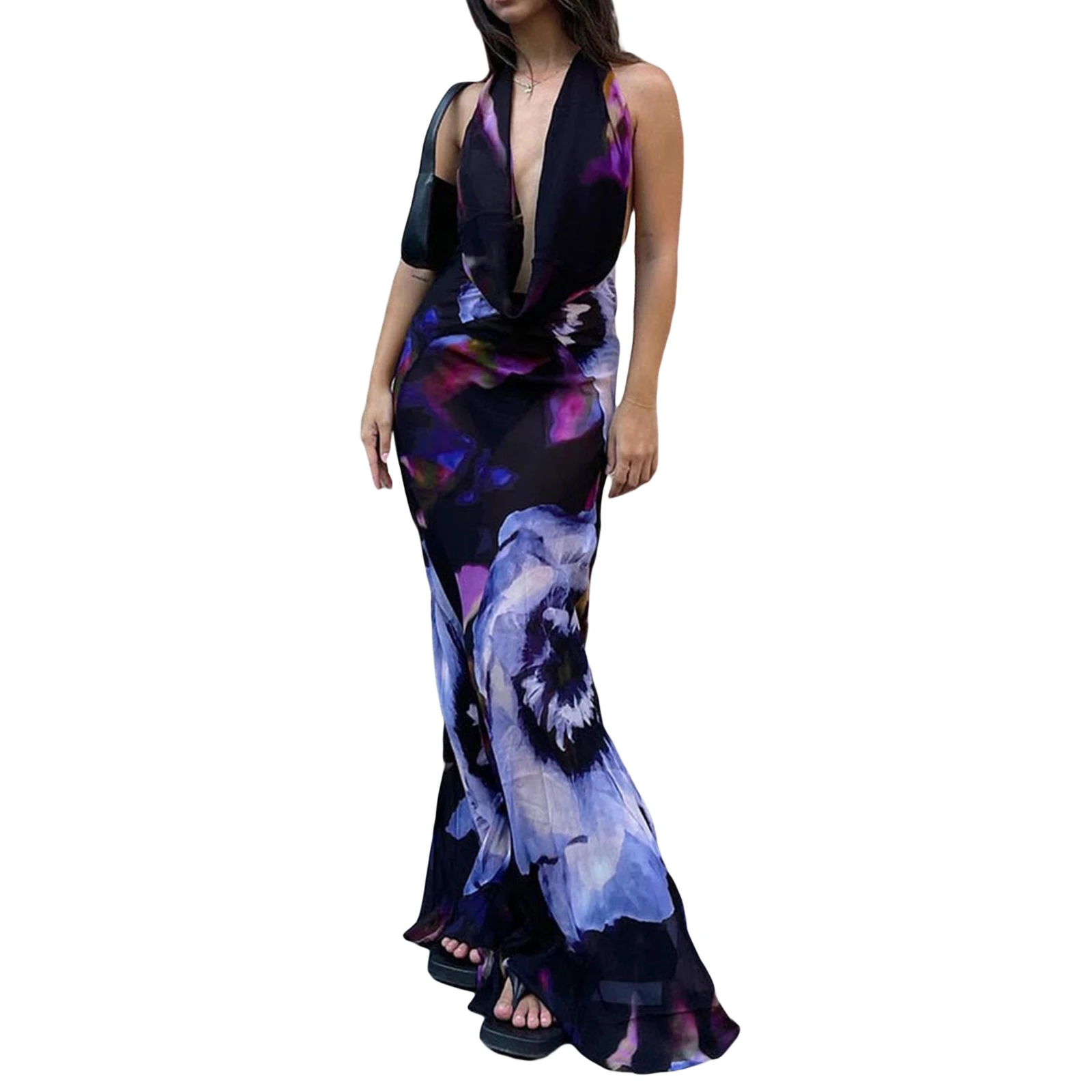 

2023 Summer New Fashion Hot Sale Women Long Dress Sleeveless Hanging Neck Backless Print Spring Autumn Casual Party Midi Dress