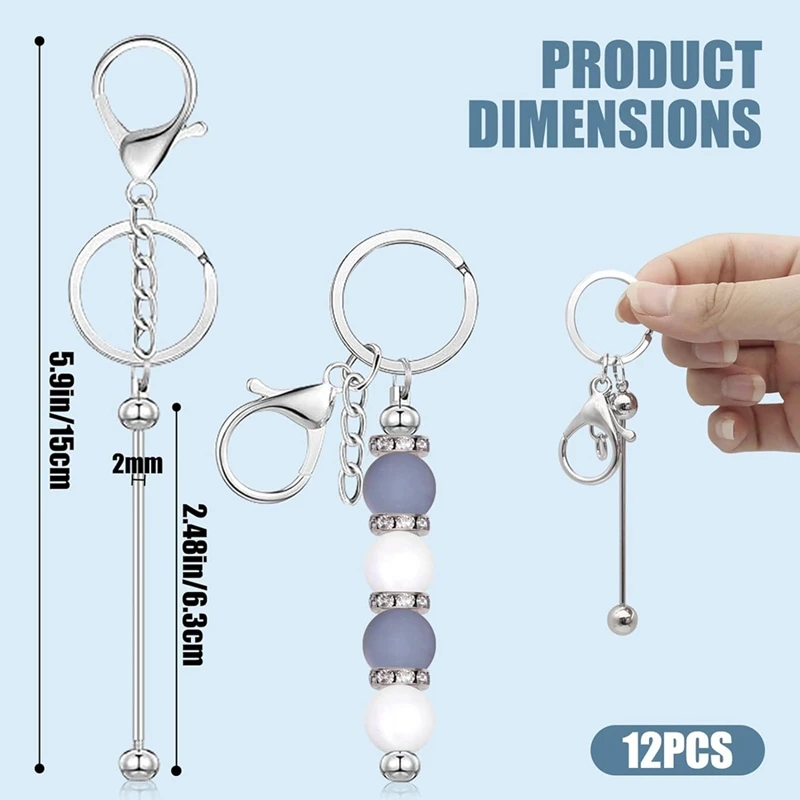 12 Pcs Beadable Keychain Bars For Beads Blank Keychain Metal Beaded For