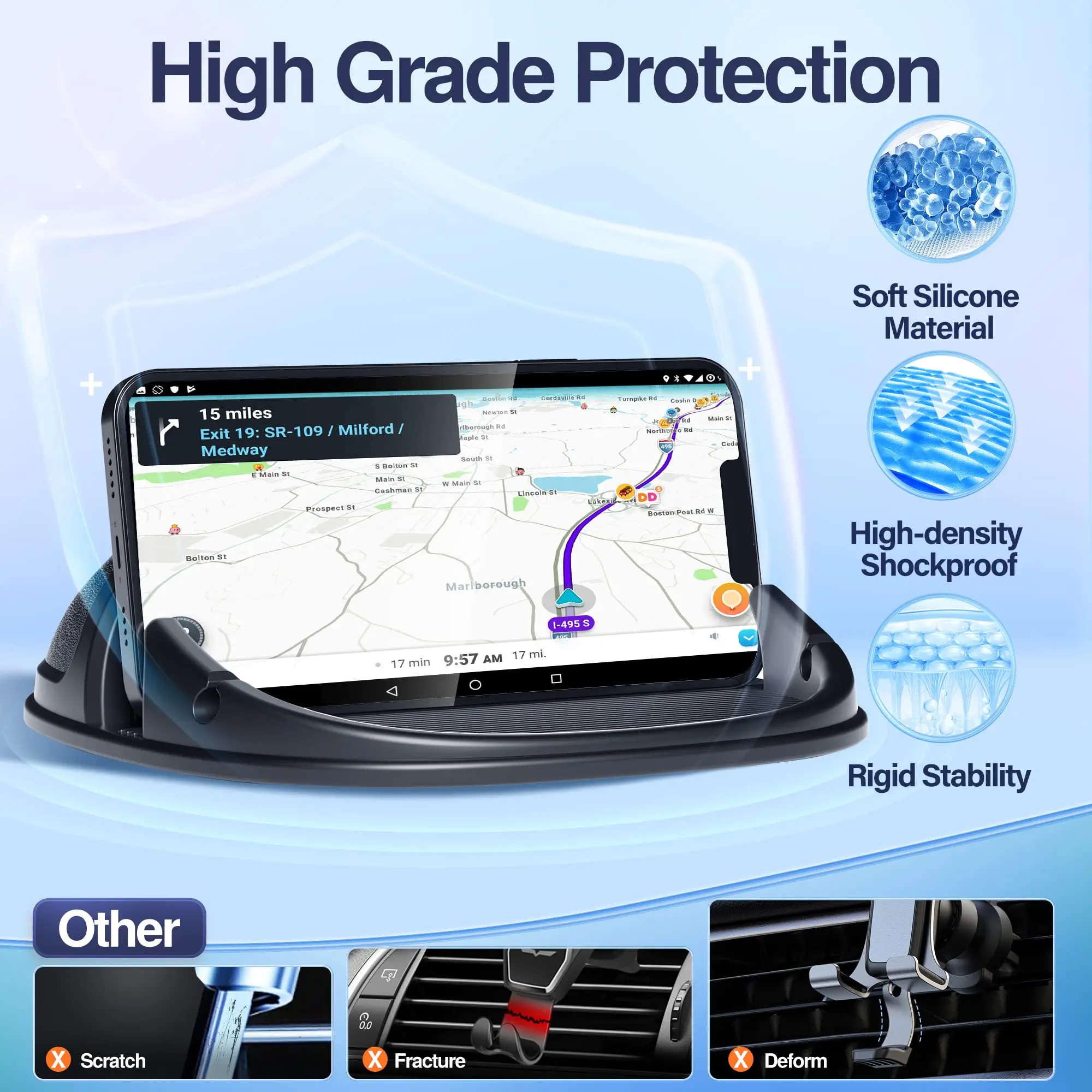 차량용 휴대폰 홀더, 대시보드용 실리콘 패드 매트, iPhone, , 안드로이드 및 GPS 장치용 미끄럼 방지 데스크 스탠드(검은색)