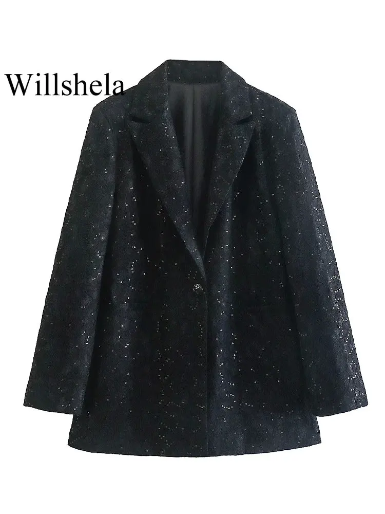 

Willshela Women Fashion With Sequined Black Single Button Blazer Vintage Notched Neck Long Sleeves Female Chic Lady Outfits