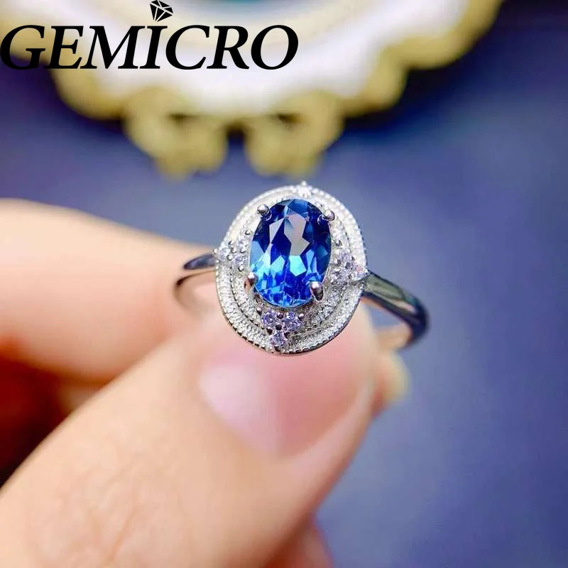 

Gemicro 925 Sterling Silver Jewelry High Quality Classic 5*7mm London Blue Topaz Ring as Wedding Couple Gifts Romantic Crystals