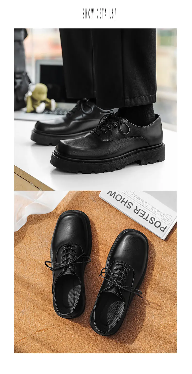 أحذية رجالية رسمية بكعب مسطح ورباط، لون موحد، نعل سميك، تصميم فريد وعصري، أحذية جلدية بأسلوب جديد