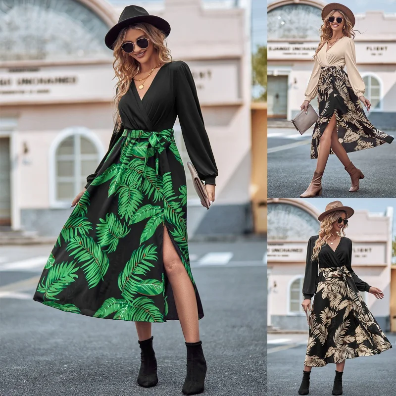 

SHAN-Independent Station Autumn and Winter New Women's Clothing Fashion Print StitchingVCollar Tie Waist Long Sleeve Dress
