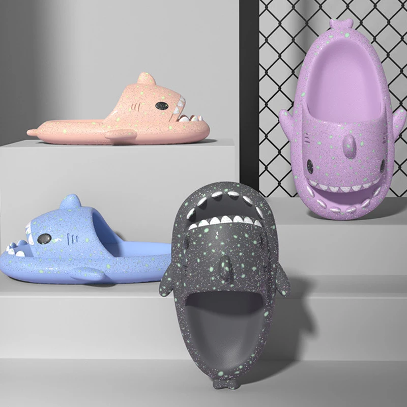 Shevalues Starry Shark Slippers Women Summer New Night Light Thick Platform Shark Slides Men Outdoor Women Beach Flip Flops 2023