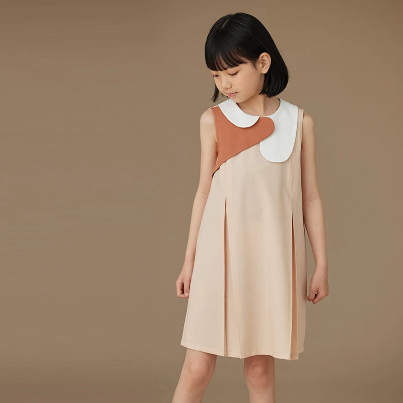 

kids clothes girl pink cross lapel dress kids slim contrast color sleeveless pleated skirt medium and large girls summer dress