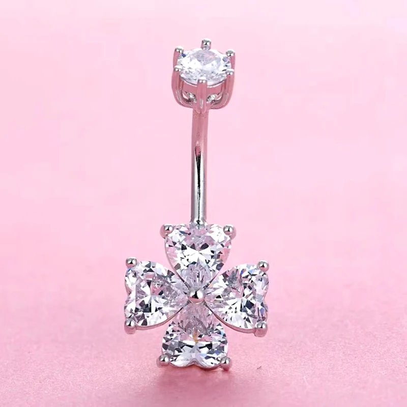 Navel Belly Button Piercing Decoration 925 Silver 100% Purple White Pink Zircon Four-Leaf Clover Bodys Jewelry Sexy Accessories
