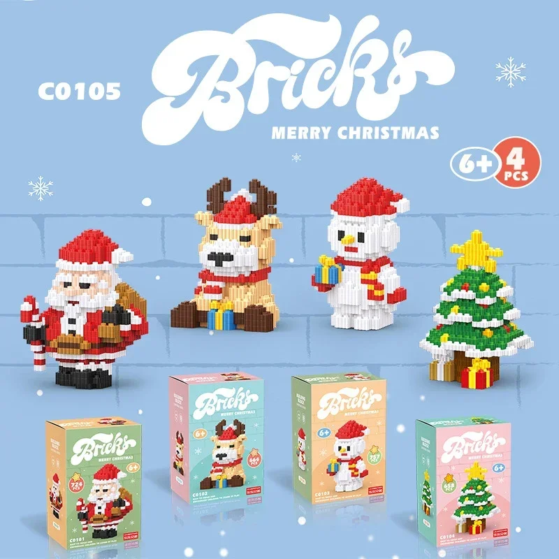 Bloques de construcción en miniatura de muñeco de nieve y árbol de Navidad, bonito Papá Noel ensamblado, modelo de ciervo de dibujos animados, figura de microladrillos, juguetes para niños, regalos
