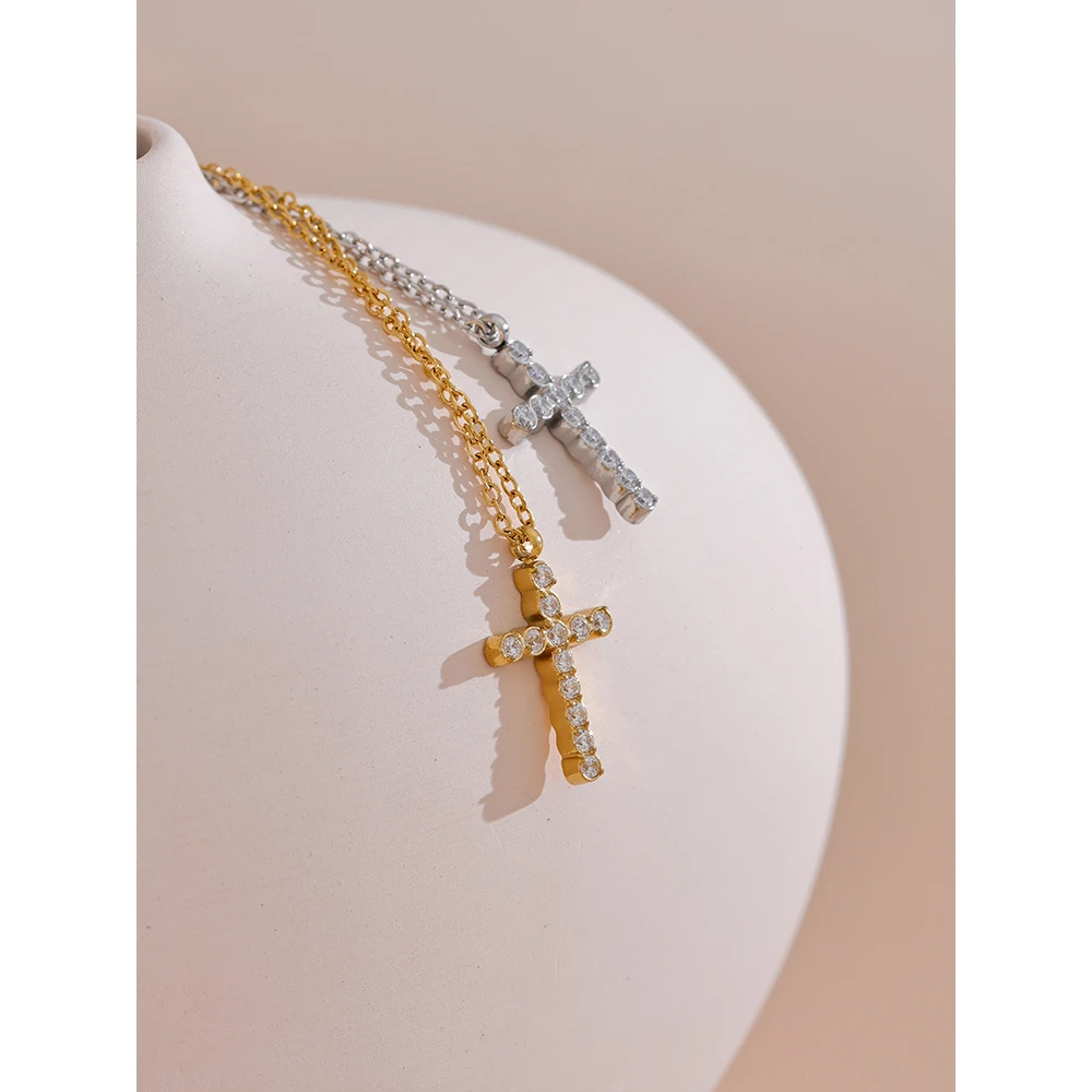 Yhpup Delicate Shiny Cubic Zirconia 316L Cross Pendant Necklace