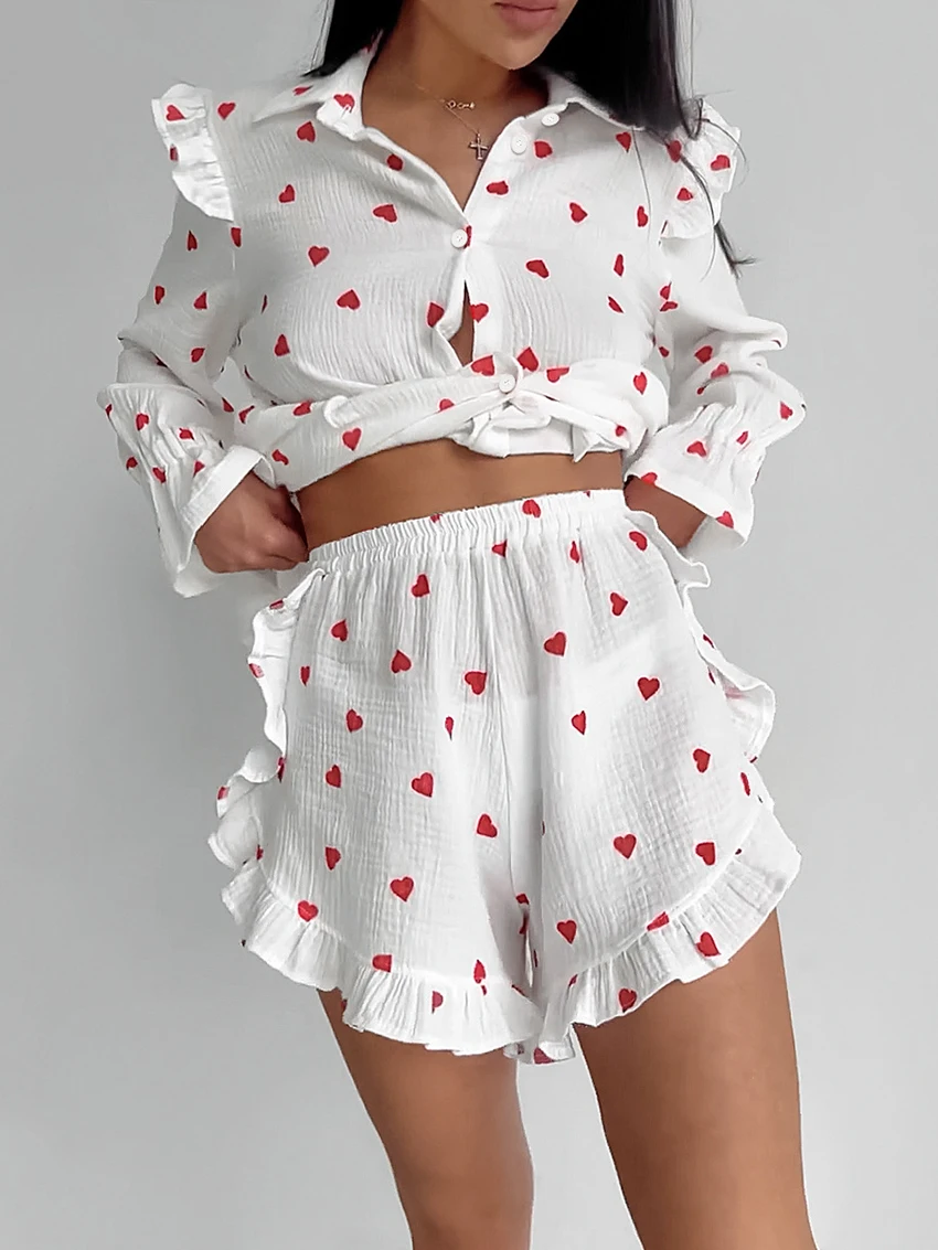 765409-88e426.jpg Marthaqiqi Home Clothes Women Turn-Down Collar Pajama Long Sleeve Nightwear Shorts Causal Printing Ladies Sleepwear 2 Piece Suit - Image 1
