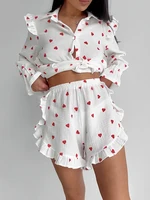 Marthaqiqi Home Clothes Women Turn-Down Collar Pajama Long Sleeve Nightwear Shorts Causal Printing Ladies Sleepwear 2 Piece Suit