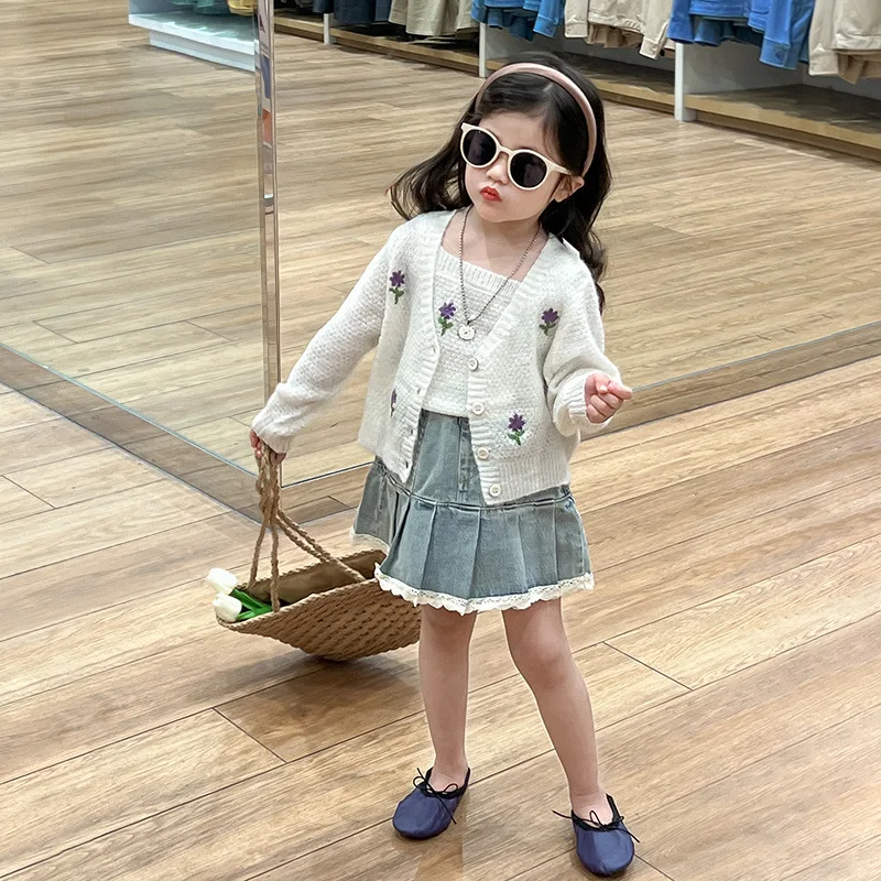

2024 Spring Summer New Children's Soft Knitted Cardigan with Suspender Skirt Set Children's Clothing Suit for Girls