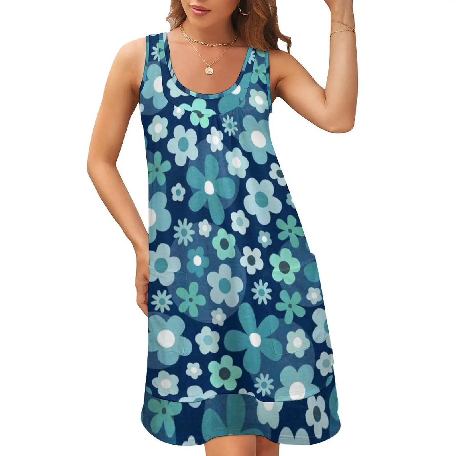

Groovy Baby - Indigo and Aqua Sleeveless U-Neck Fake Two Piece Dress women's luxury party dress Bridesmaid dress woman clothes