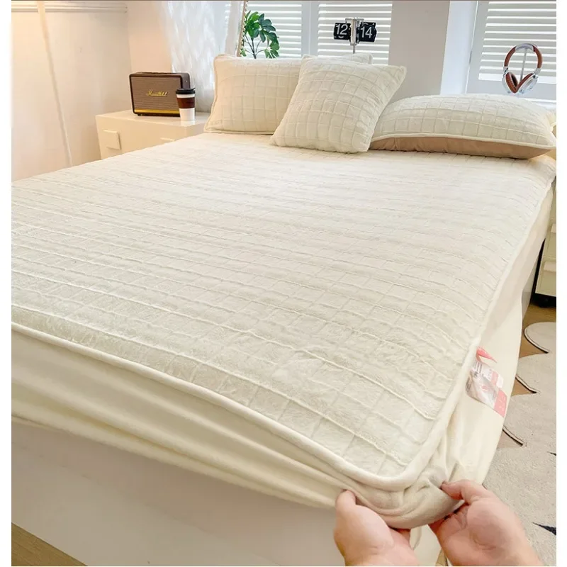 WarmBedsheetwithElasticJacquardBedCoverVelvetFittedSheetPlaidStyleBedsheetsWarm