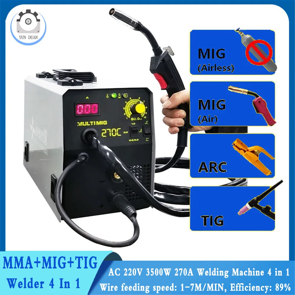 270A MMA+TIG+MIG (gas/gasless) Welding Machine 4 In 1 Semi-Automatic IGBT Inverter TIG Argon ARC Gas-Less Synergy 4 In 1 Welder