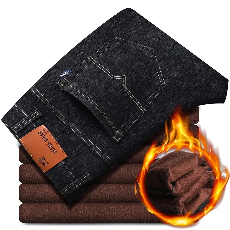 Men Jeans Winter Casual Warm Fleece Classic Style Business Thicken Fur Regular Fit