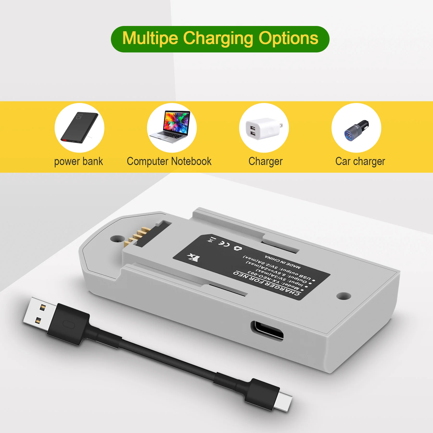 Pack contenant le chargeur USB et batterie DJI NEO, mettant en avant la recharge rapide 52 min et l'usage power bank.